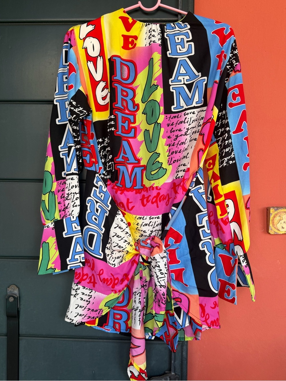 Bold 'DREAM LOVE' Graphic Tie-Front Dress